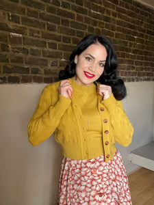 Rock n Romance
The "Sandra" Textured Diamond Knit Cardigan in Light Mustard, 1940s & 50s Vintage Style